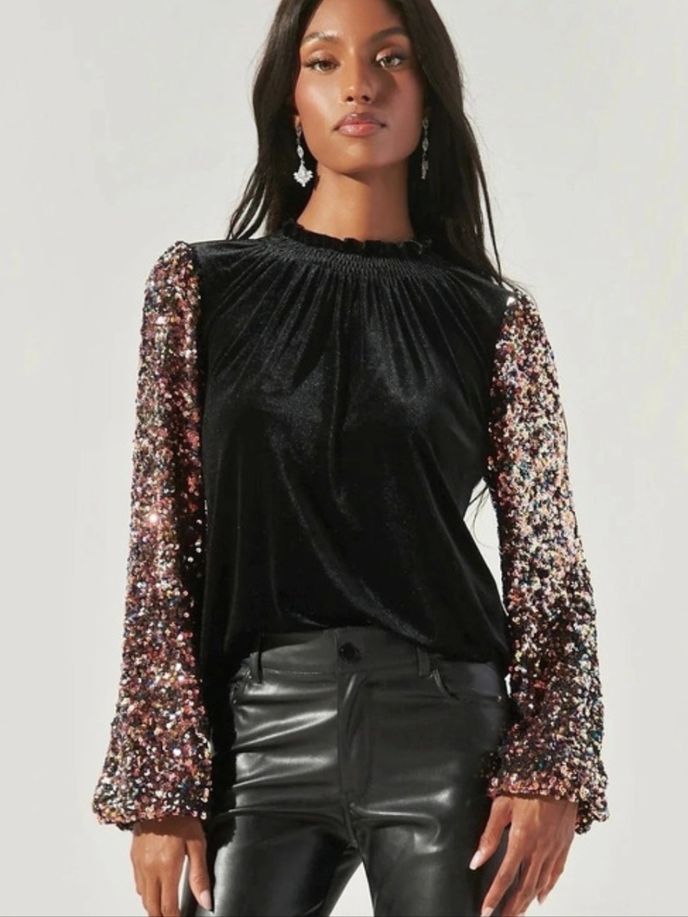 Sugarlips Black Velvet Top with Sequin Detail Sleeves Velvet Sequin Sleeve NWTs